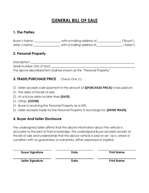 General Bill Of Sale Document Templates