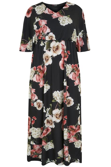 Yours London Black And Multi Rose Print Maxi Dress With Kimono Sleeves