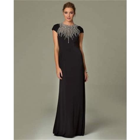 Modest Sheath High Neck Cap Sleeve Long Black Chiffon Beaded Formal