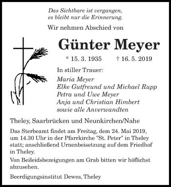 Traueranzeigen von Günter Meyer Saarbruecker Zeitung Trauer de