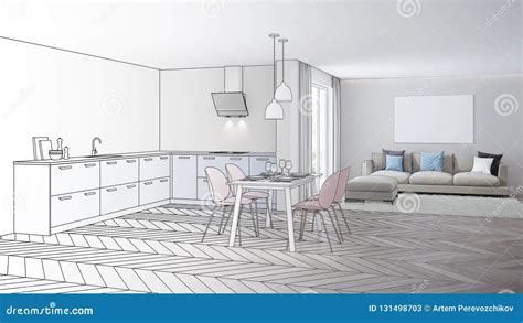 Modern House Interior Design Project Sketch Stock Illustration