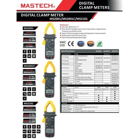 MASTECH MS2101 AC DC Digital Clamp Meter Multimeter 4000 Counts