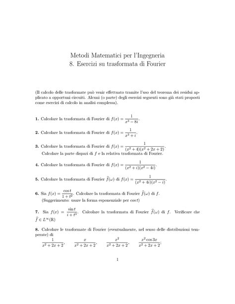 Esercizi Su Trasformata Di Fourier II Metodi Matematici Per L