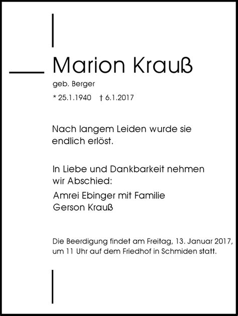 Traueranzeigen von Marion Krauß stuttgart gedenkt de