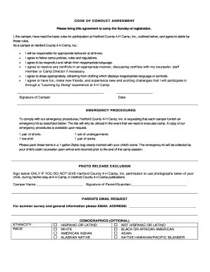 Fillable Online Hartfordcounty4hcamp CODE OF CONDUCT AGREEMENT Please