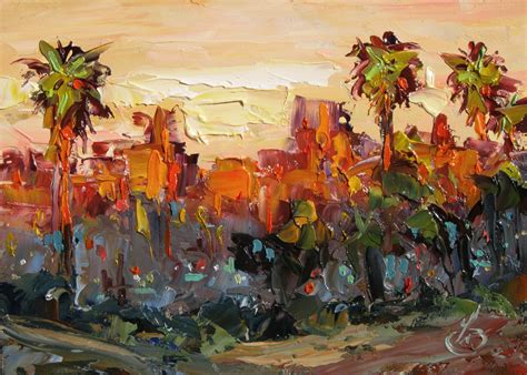 Tom Brown Fine Art Los Angeles Sunset Palm Trees 5x7 Inch Impressionist Oil By Tom Brown