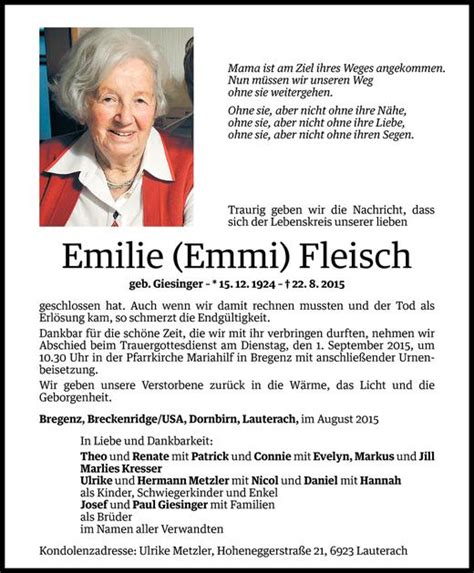 Todesanzeigen Von Emilie Fleisch Todesanzeigen Vorarlberger Nachrichten