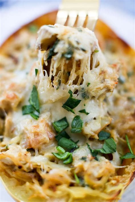 Spinach Artichoke Stuffed Spaghetti Squash With Chicken Happy Healthy