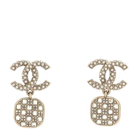 CHANEL Pearl Baguette Crystal CC Drop Earrings Gold Gem