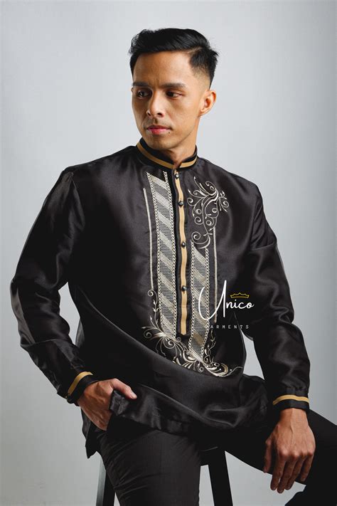 Barong Tagalog for Men Piña Organza with Lining Black With Rustic