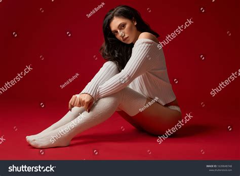 Side View Fashionable Brunette Woman Posing Stock Photo 1639848748