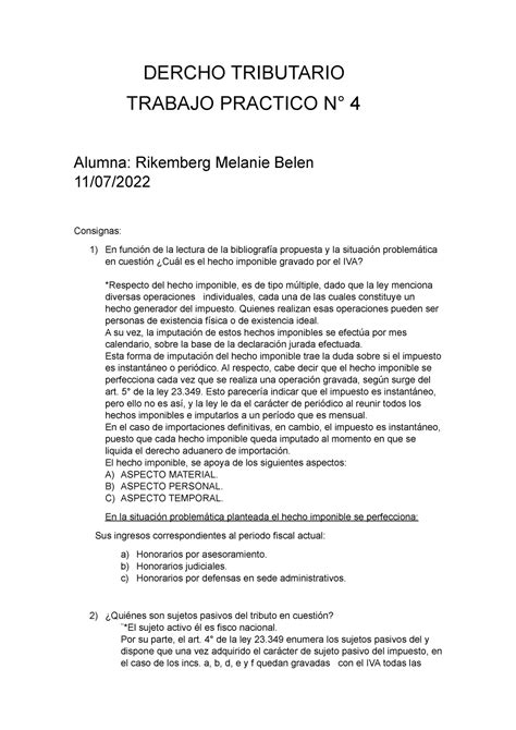 Dercho Tributario Tp4 Trabajo Practico 4 DERCHO TRIBUTARIO TRABAJO