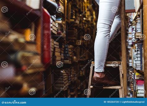 Focus Of Woman Standing On Wooden Ladder In Library Stock Photo Image