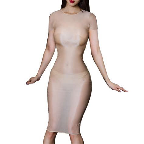 Stretch Sheer Dress Women S Transparent Sexy Long Sleeve Maxi Dress Bodycon Lingerie Oil Smooth