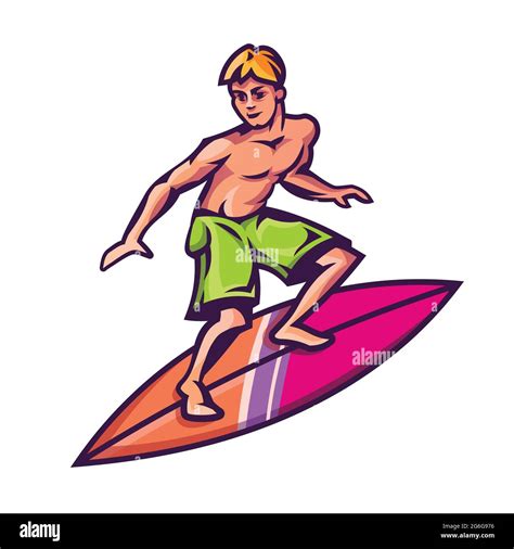 Surfer Standing On Surfboard Male Person In Cartoon Style Stock Vector