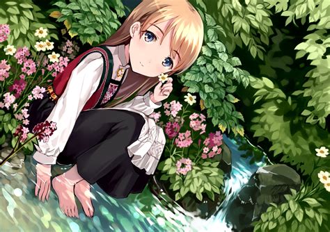 Barefoot Blonde Hair Blue Eyes Flowers Green Leaves Original Tan Tangent Water