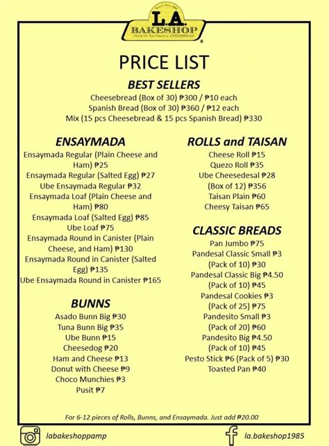 La Bakeshop Menu With Updated Prices Philippines Menu Infinity