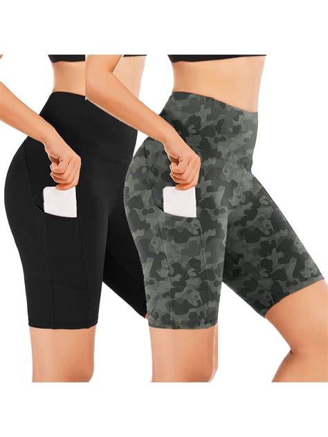 2 Pieces Women High Waist Print Workout Yoga Shorts With Pockets Side Pocket Workout Tummy