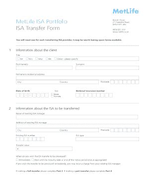 Fillable Online Metlife Co Metlife Isa Portfolio Isa Transfer Form