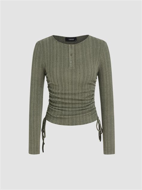 Round Neckline Solid Button Long Sleeve Top Cider