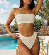 Amazon ZAFUL Women Strapless Ribbed High Cut Bandeau Bikini Lace Up 2 Pieces Swimwear