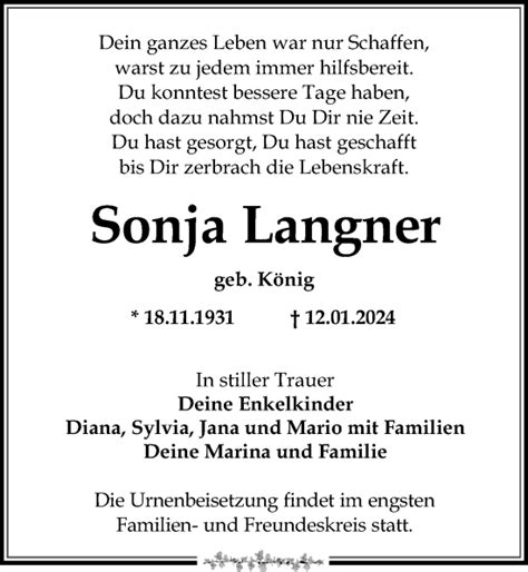 Traueranzeigen Von Sonja Langner Trauer Anzeigen De