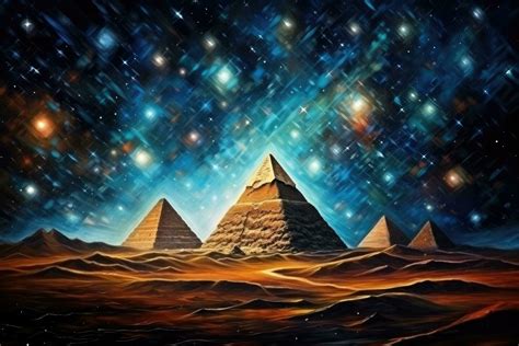 Fantasy landscape with pyramids and stars in the night sky, Pyramids in ...