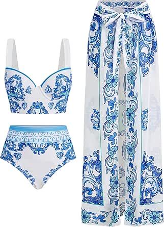 Amazon RoseSeek Women S Pieces Bathing Suit Set Boho Graphic Bikini Set With Swimsuit