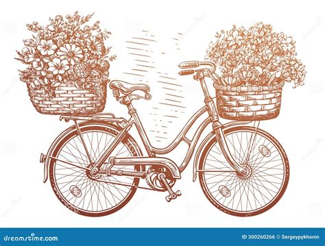 Hand Drawn Retro Bicycle With Flowers In Basket Floral Bike Isolated