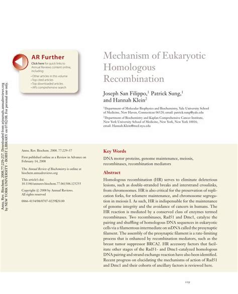 (PDF) Mechanism of Eukaryotic Homologous Recombination€¦ · Mechanism of Eukaryotic Homologous ...