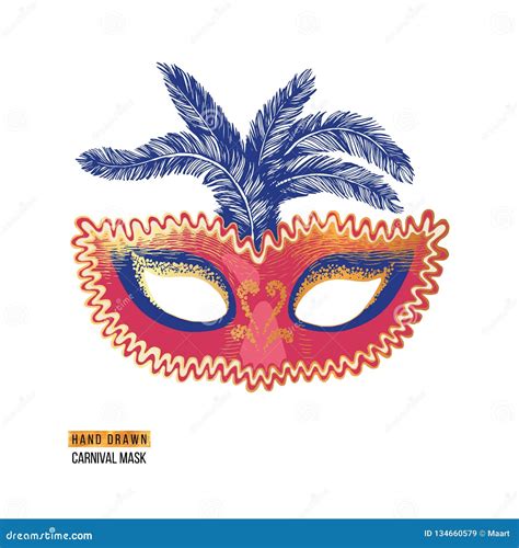 Hand Drawn Venetian Carnival Mask With Feathers Stock Vector