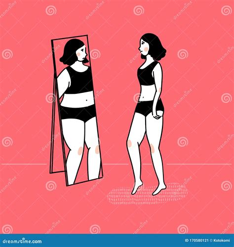 Slim Girl Looking at Fat Reflection in Mirror. Eating Disorder Concept ...