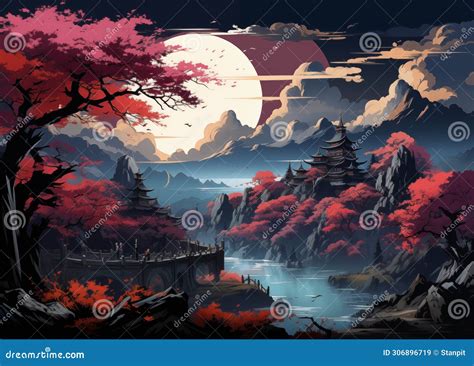 Illustration of Japanese Beautiful Landscapes during Japanese Cherry ...