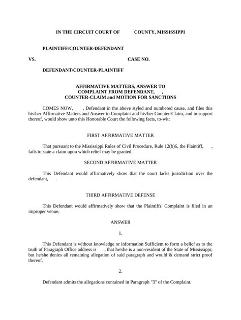 Answers Counterclaim Statement Doc Template Pdffiller