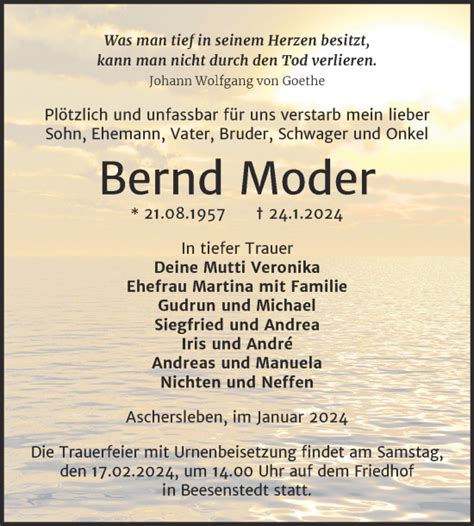 Traueranzeigen Von Bernd Moder Abschied Nehmen De