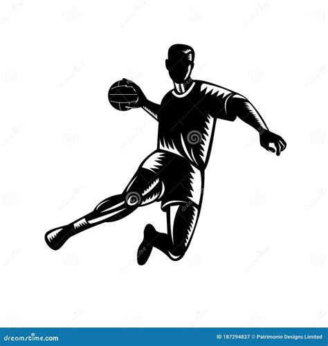 Team Handball Player Jumping Scoring Woodcut Black And White Stock