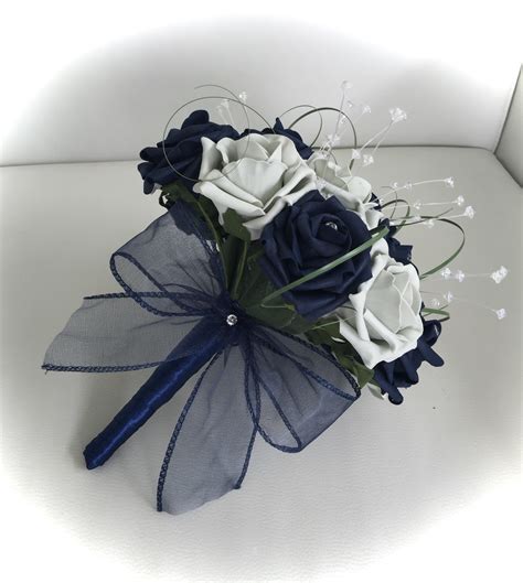 Artificial Wedding Flowers Navy Blue Silver Grey Rose Beargrass Bouquet ...