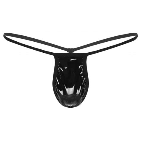 Mens Lingerie Low Rise T Back Wet Look Patent Leather Bulge Pouch G String Bikini Thong