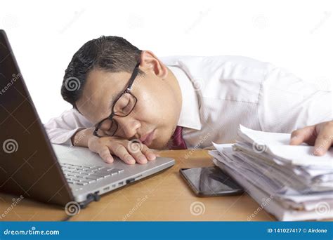 Tired Sleepy Asian Businessman Having Overworked Stock Image Image Of