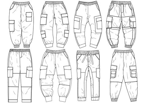 Cargo Pants fashion hand drawing technical template. Cargo pocket ...