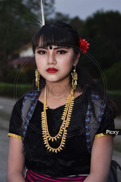 Image Of Assamese Woman In Traditional Assam Clothes During Bihu