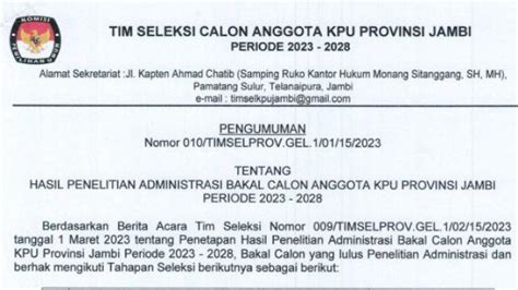 Timsel Umumkan Nama Calon Anggota Kpu Provinsi Jambi Lolos Seleksi