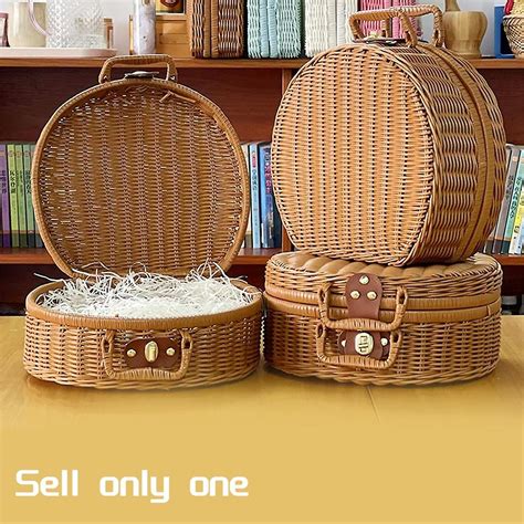 Round Rattan Suitcase Basket Vintage Rattan Woven Storage Suitcase