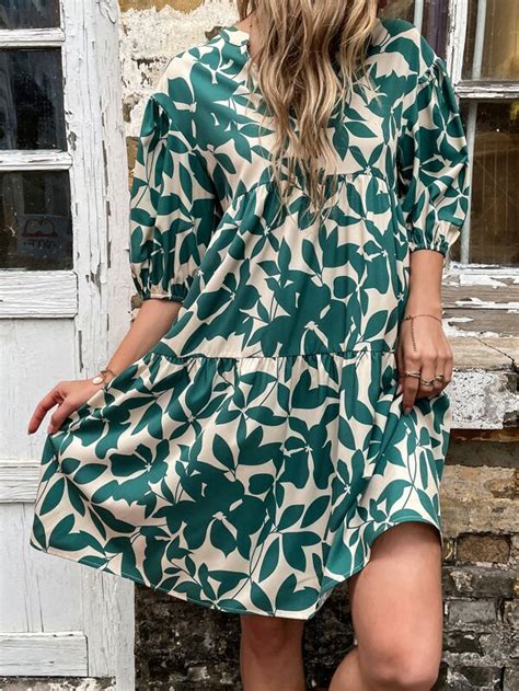 Shein Lune Allover Plants Print Puff Sleeve Smock Dress Shein Usa