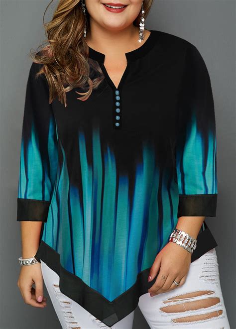 Rotita Plus Size Split Neck Asymmetric Hem T Shirt Rotita Usd