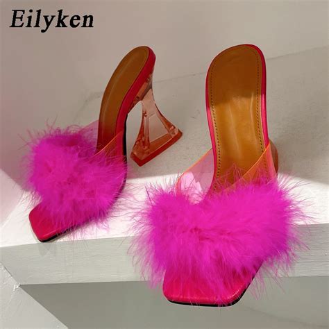 Eilyken Feather Transparent Strange High Heels Fur Slippers Sandals