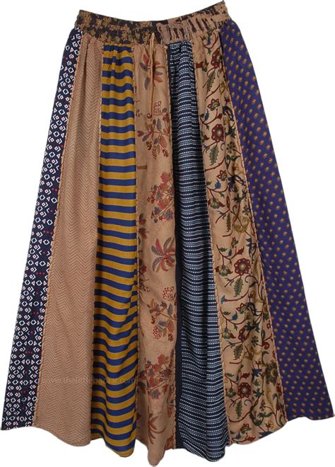 Boho Mixed Print Vertical Patchwork Long Skirt Brown Patchwork