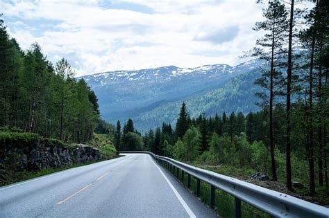 Paisaje de un camino sinuoso a través de un bosque con montañas