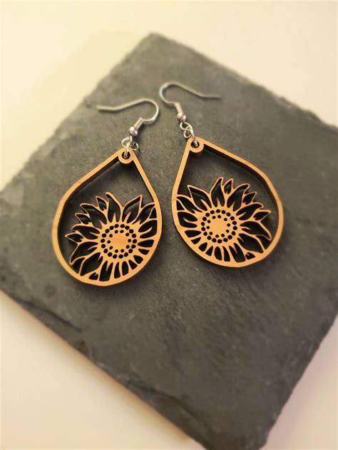 Laser Cut Wooden Teardrop Sunflower Earrings Etsy