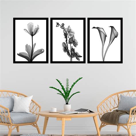 Kit 3 Quadros Decorativos 33x43 Flores Preto E Branco Minimalista